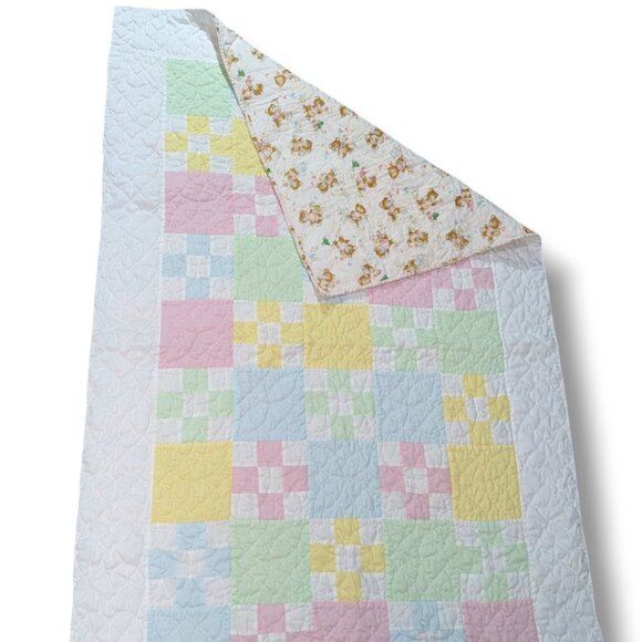 Vintage Hand Stitched Baby Crib Quilt Color Block Bears Gender Neutral 37x61